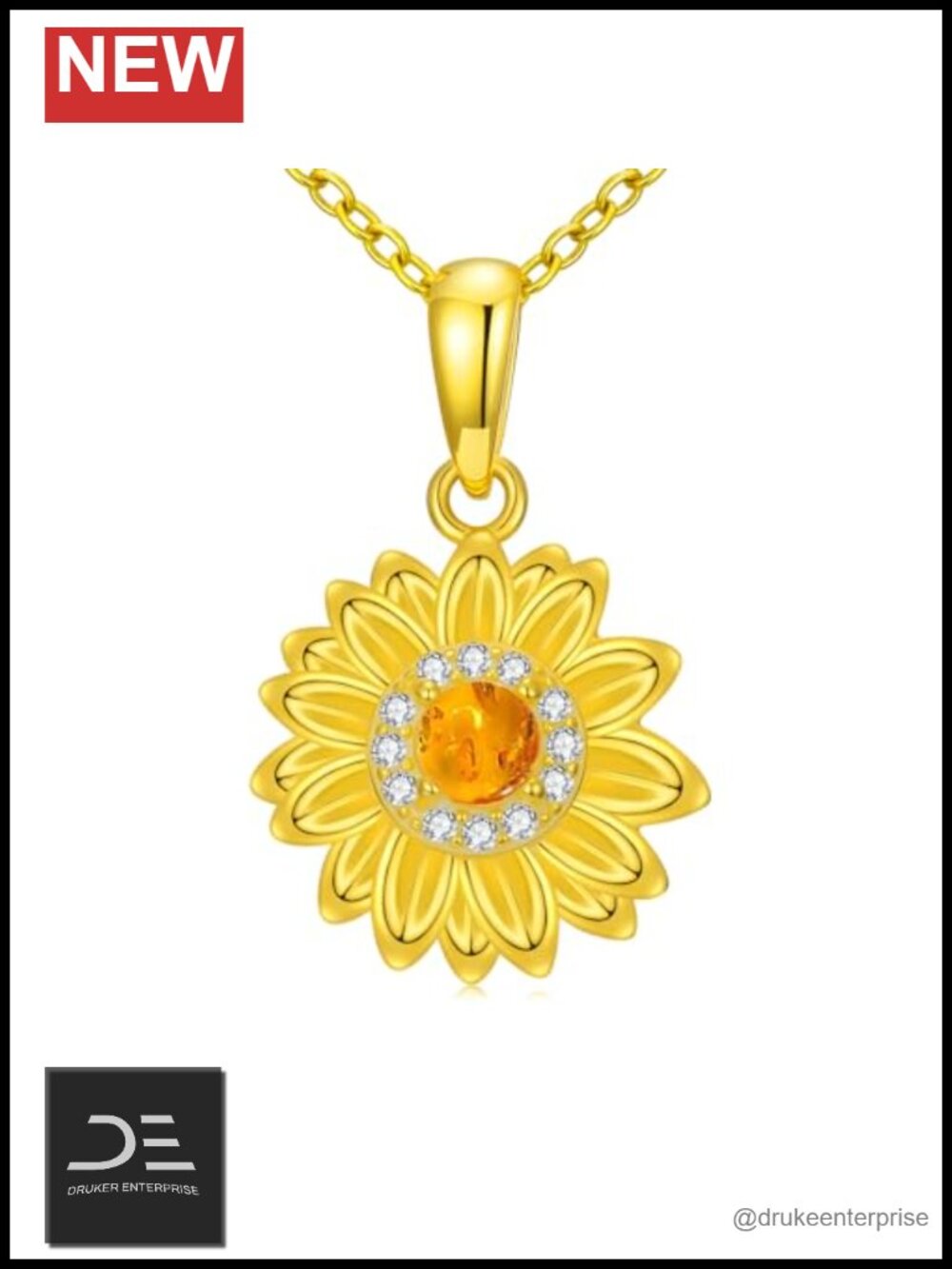 18K Gold Plated Amber Sunflower Pendant Necklace 925 Sterling Silver